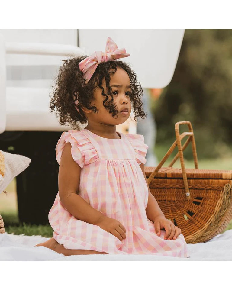 Bebe Retro check frill dress in pink