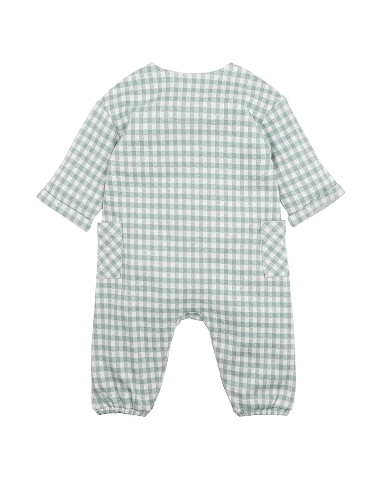 Fox & Finch bug green check romper in green