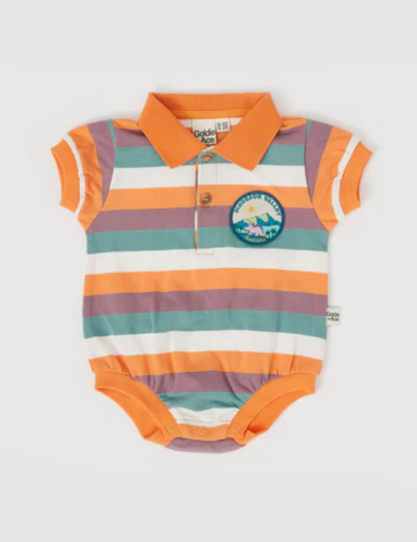 Goldie & Ace Dino Valley Nostalgia Stripe Polo Romper Golden Multi in Multicolour