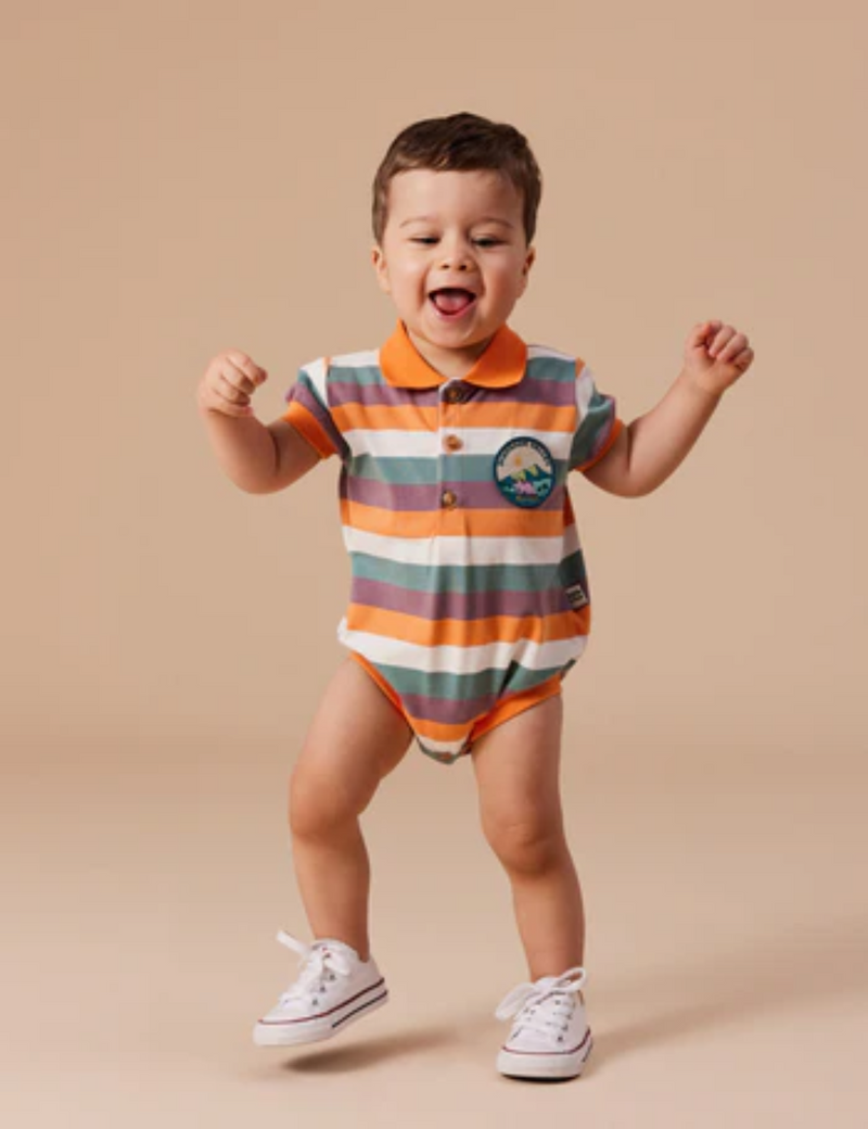Goldie & Ace Dino Valley Nostalgia Stripe Polo Romper Golden Multi in Multicolour