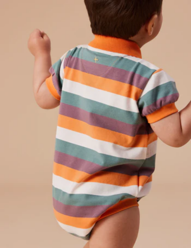 Goldie & Ace Dino Valley Nostalgia Stripe Polo Romper Golden Multi in Multicolour