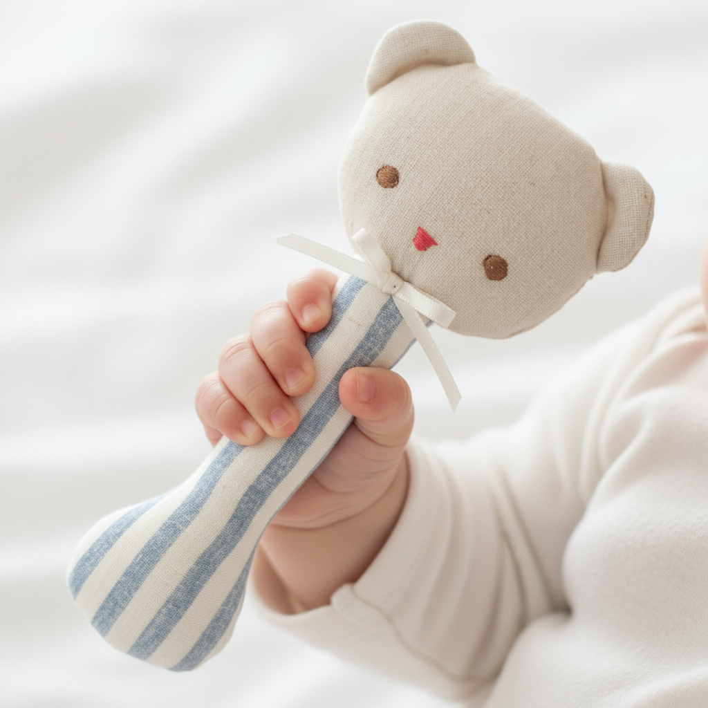 Alimrose Ted Stick Rattle - Chambray Stripe