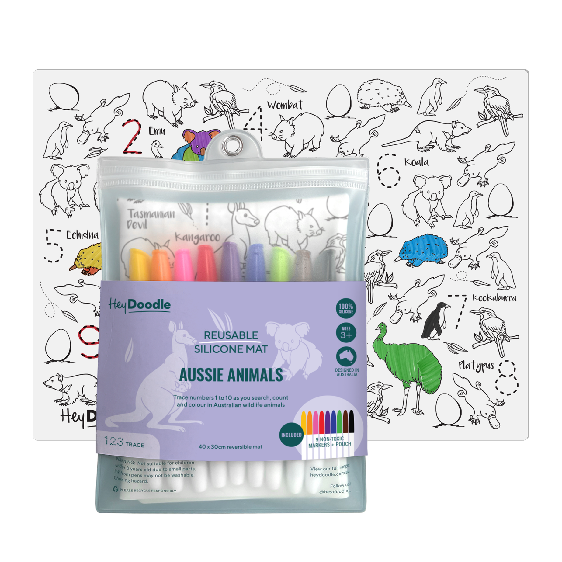 Hey Doodle reusable silicone placemat - Aussie Animals