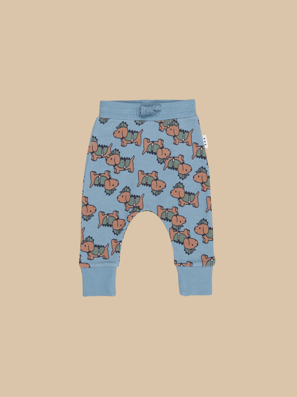 Huxbaby Dino Dog Drop Crotch Pant Mountain Blue in Blue