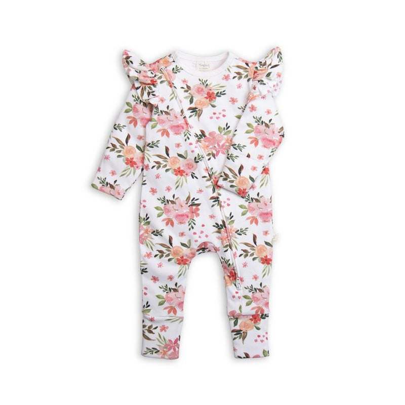 Tiny Twig long sleeve frill zipsuit - Winter Bouquet