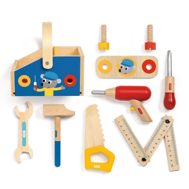 Djeco 10 piece minibrico wooden toolbox with tools
