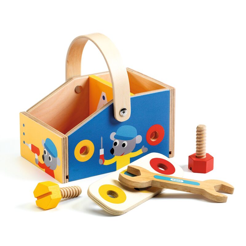 Djeco 10 piece minibrico wooden toolbox with tools