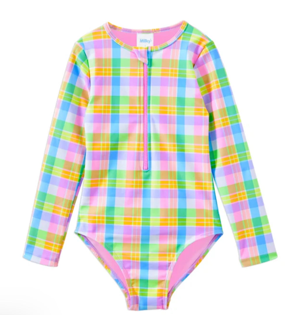 Milky carnival check long sleeve swimsuit