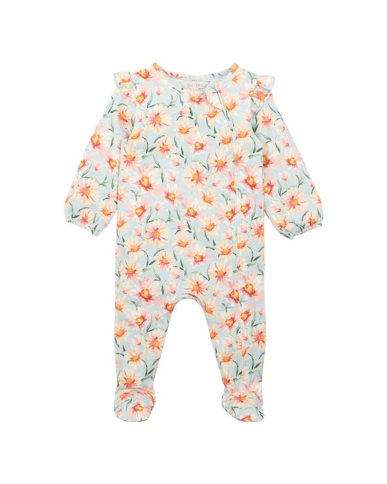 Fox & Finch daisy print LS zip onesie in blue