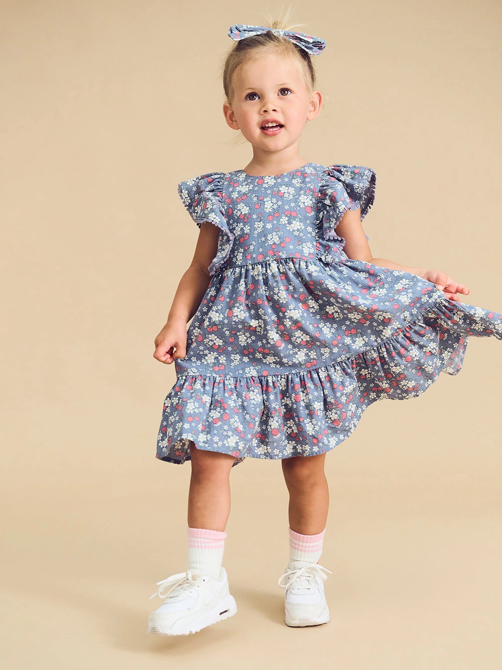 Huxbaby Vintage Strawberry Frill Dress Dusty Blue in Multi