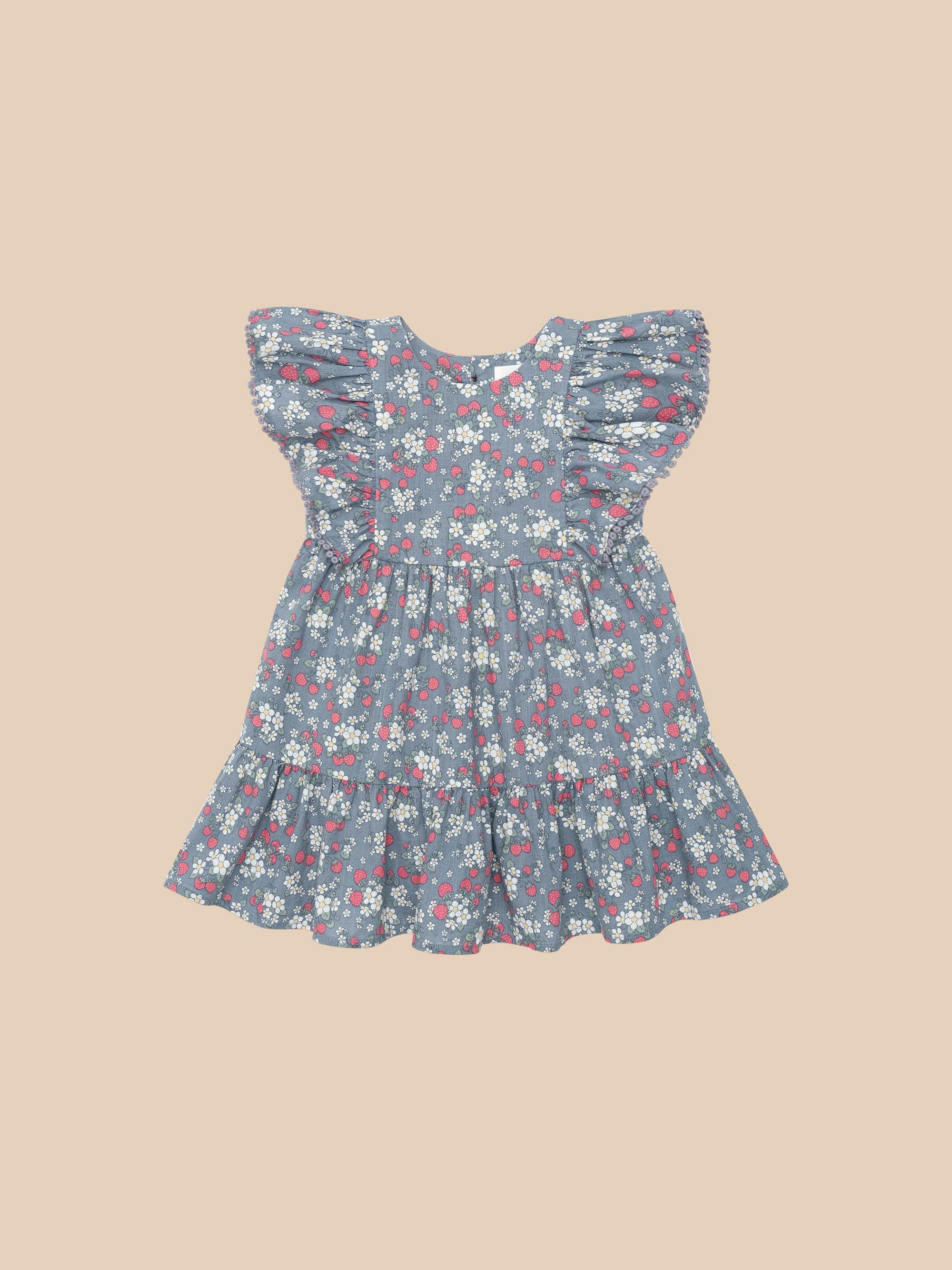 Huxbaby Vintage Strawberry Frill Dress Dusty Blue in Multi