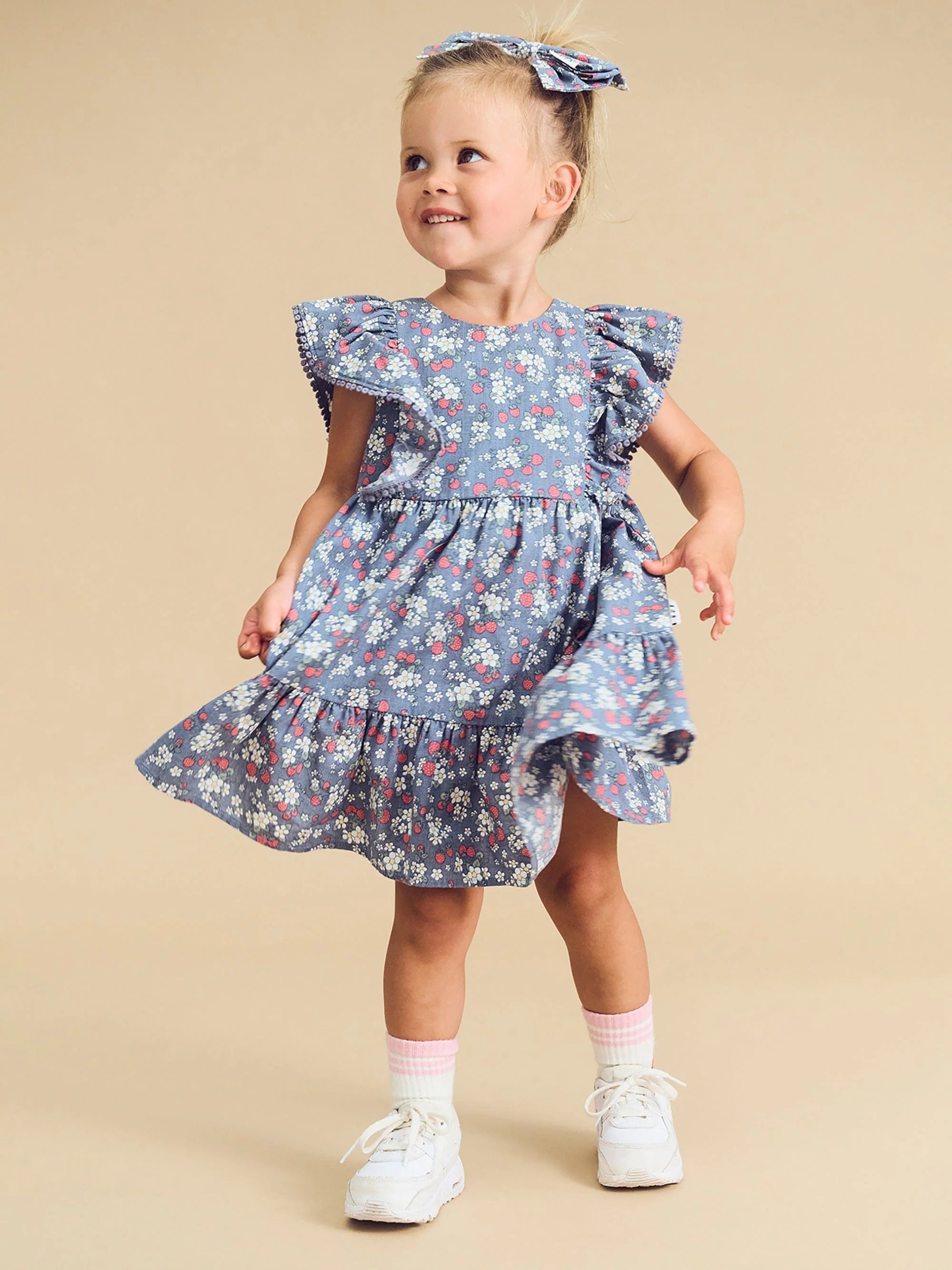 Huxbaby Vintage Strawberry Frill Dress Dusty Blue in Multi