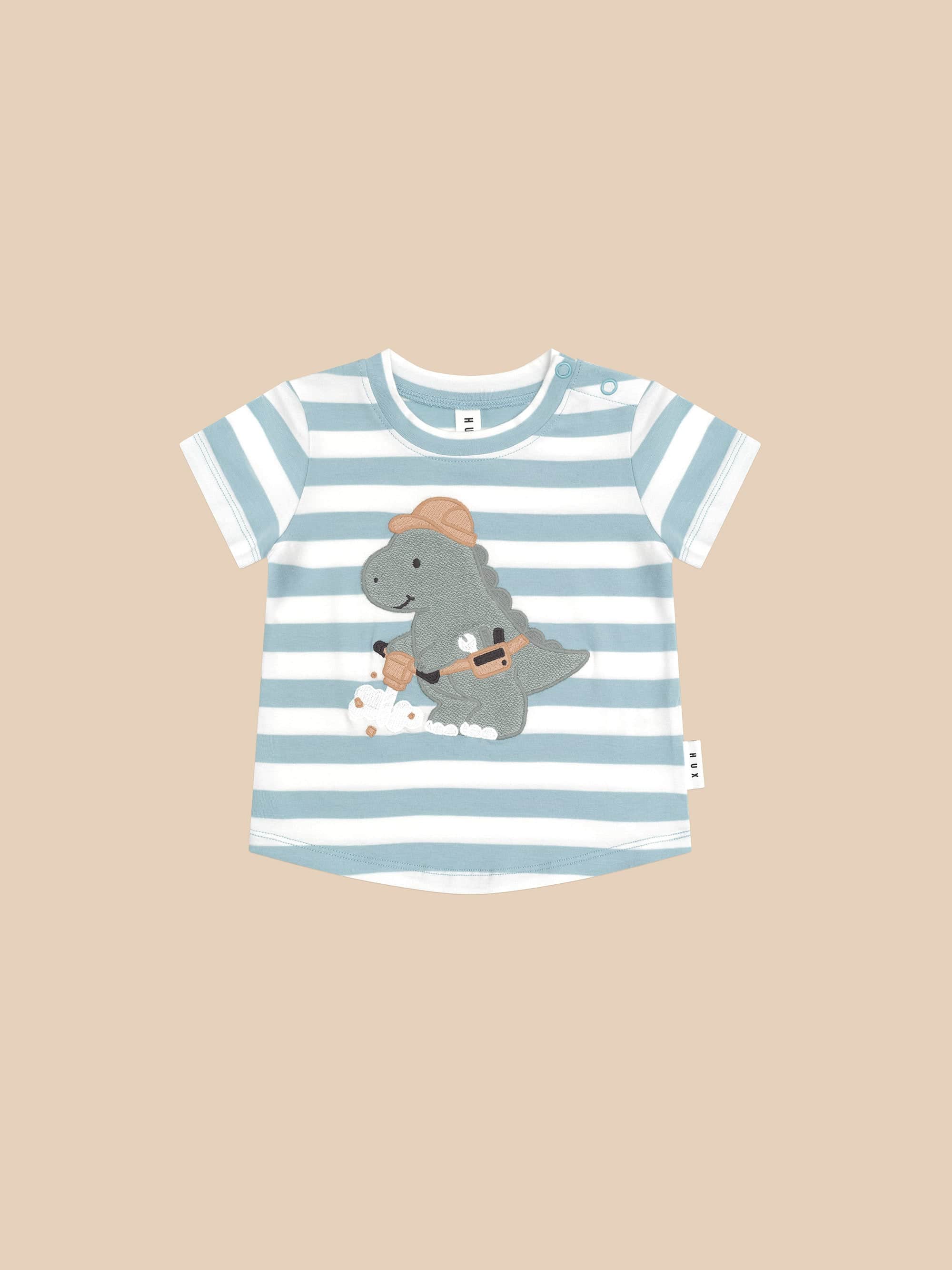Huxbaby Construction Dino Stripe T-Shirt Marine Blue/Almond Milk in Multi