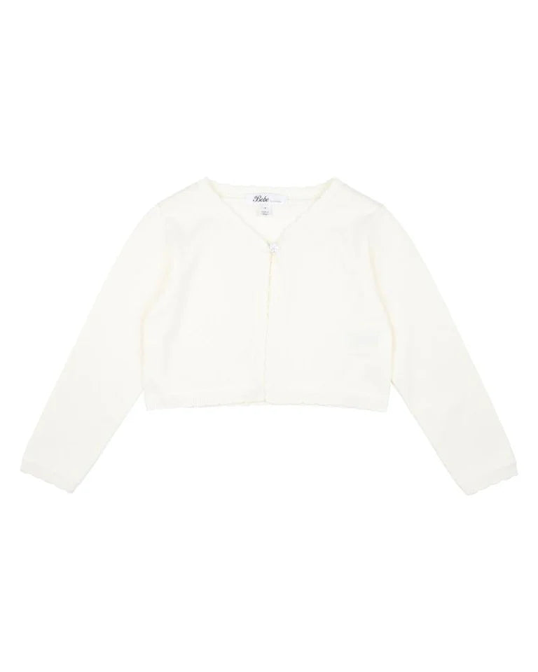 Bebe Scalloped Edge Knitted Cardigan Ivory in White