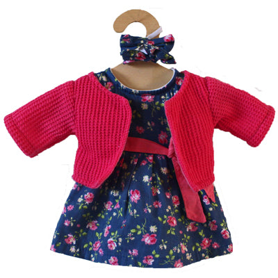 Maplewood Hopscotch Collectibles Dolls Clothes for 35cm doll - Blue and Pink Floral Dress, Cardigan and Hair Bows