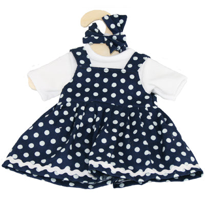 Hopscotch Collectibles Dolls Clothes for 35cm doll - Blue and White Spotted Dress, White Top and Hair Bows