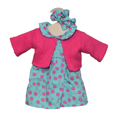 Maplewood Hopscotch Collectibles Dolls Clothes for 35cm doll - Mint Green and Pink Dress with Hair Bows and Pink Cardigan