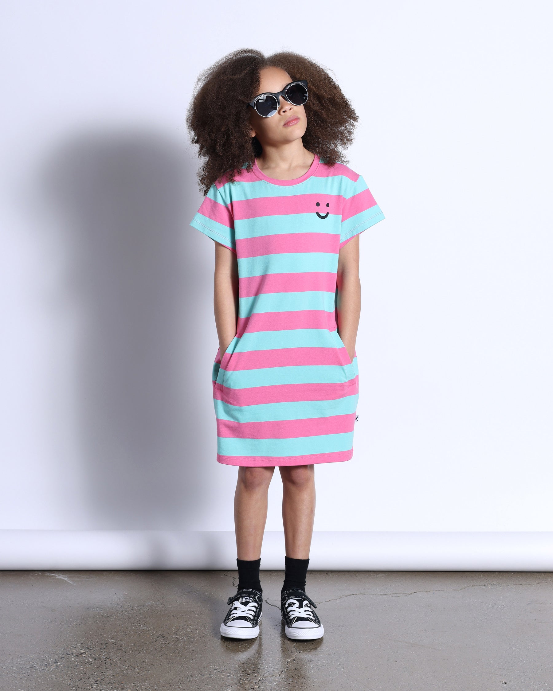 Minti Happy Face Tee Dress Candy/Teal Stripe in Pink & Green
