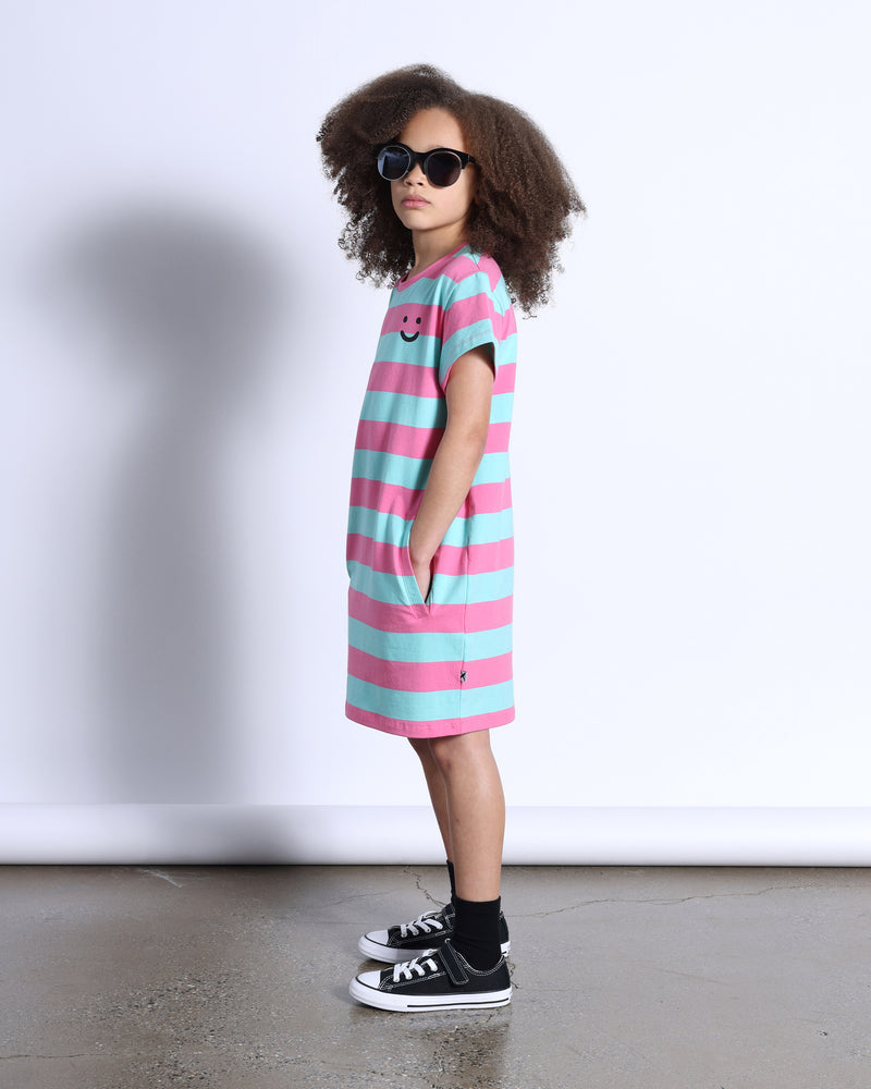Minti Happy Face Tee Dress Candy/Teal Stripe in Pink & Green
