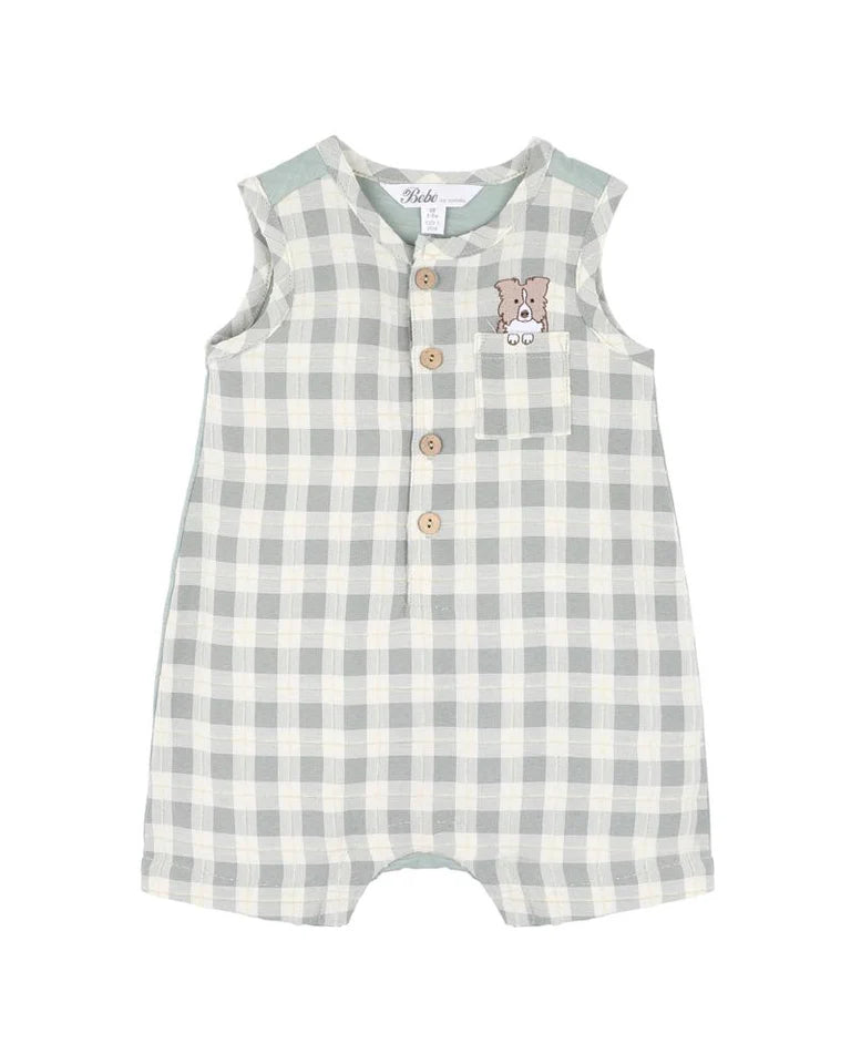 Bebe Chester Embroidered Check Romper Sage Green Cheek in Green