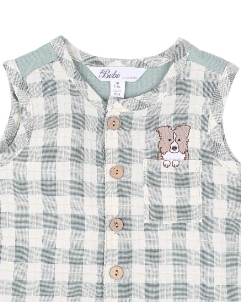 Bebe Chester Embroidered Check Romper Sage Green Cheek in Green