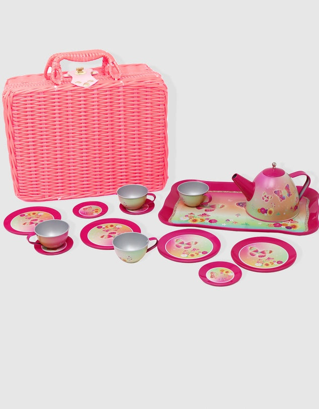 Pink Poppy Rainbow Butterfly Tea Set in Basket
