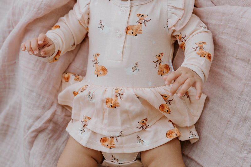 Child of Mine Long Sleeve Onesie Flutter Dress Classic Fawn Multi