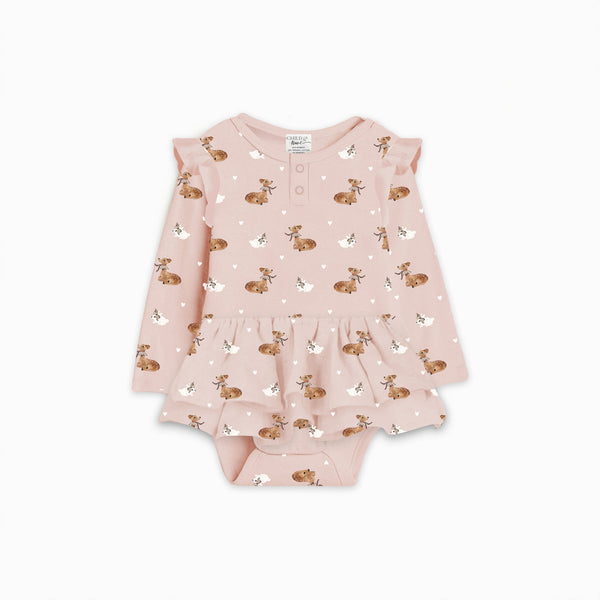 Child of Mine Long Sleeve Onesie Flutter Dress Classic Fawn Multi