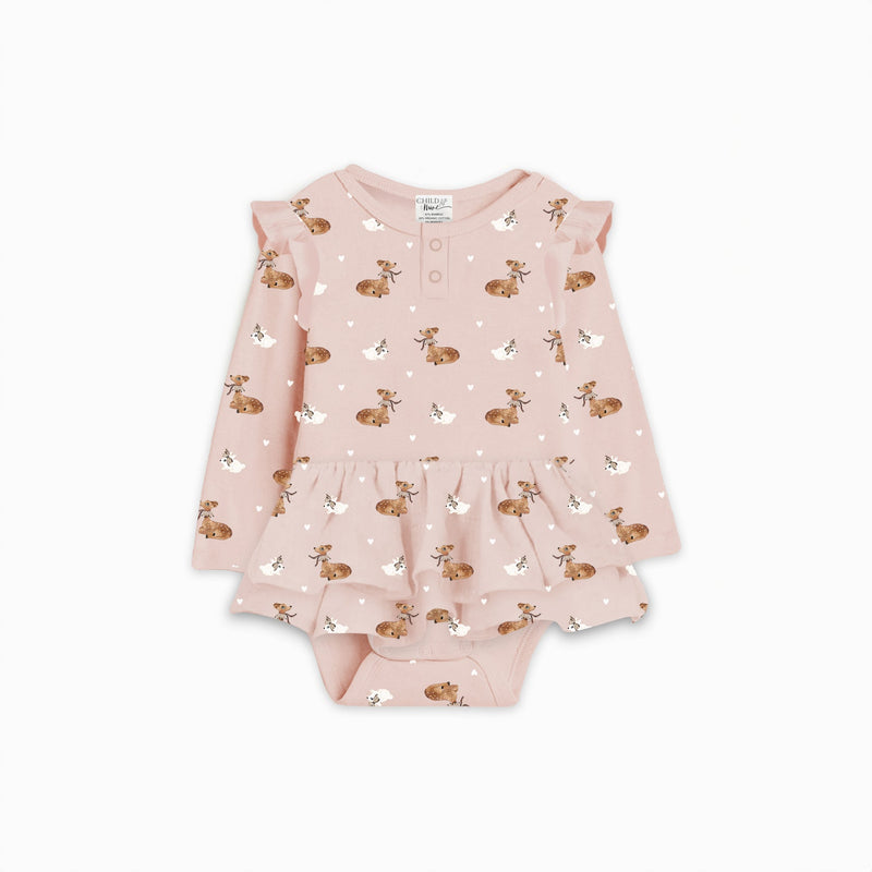 Child of Mine Long Sleeve Onesie Flutter Dress Classic Fawn Multi