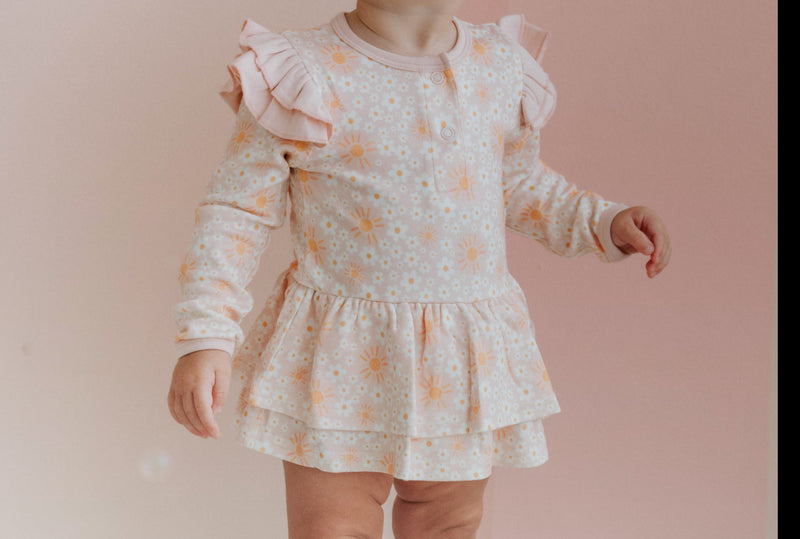 Child of Mine Long Sleeve Onesie Flutter Dress Ray of Sunshine Multi