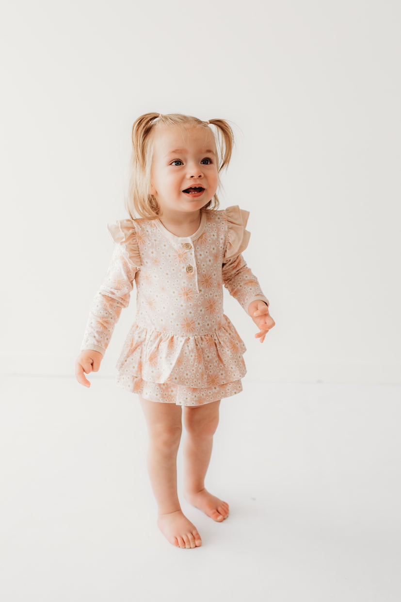 Child of Mine Long Sleeve Onesie Flutter Dress Ray of Sunshine Multi