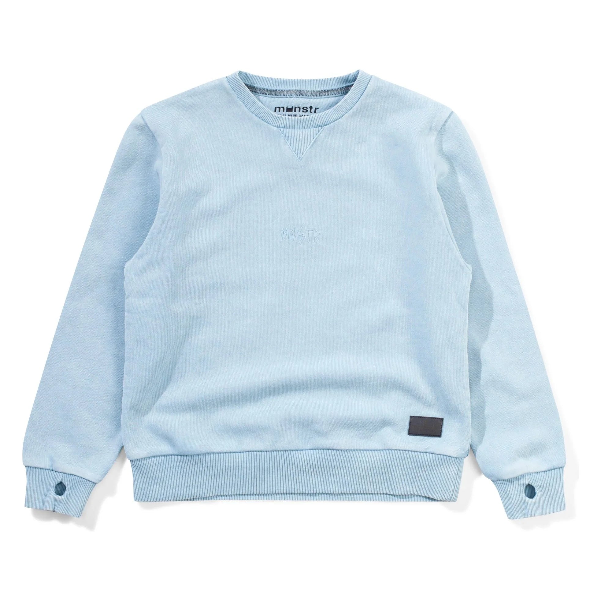 Munster Kids branded crew in mineral blue