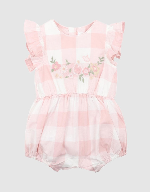 Bebe Lara Embroidered Check Romper Pink Check in Pink