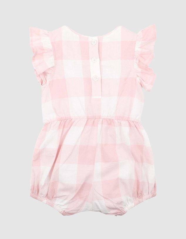 Bebe Lara Embroidered Check Romper Pink Check in Pink