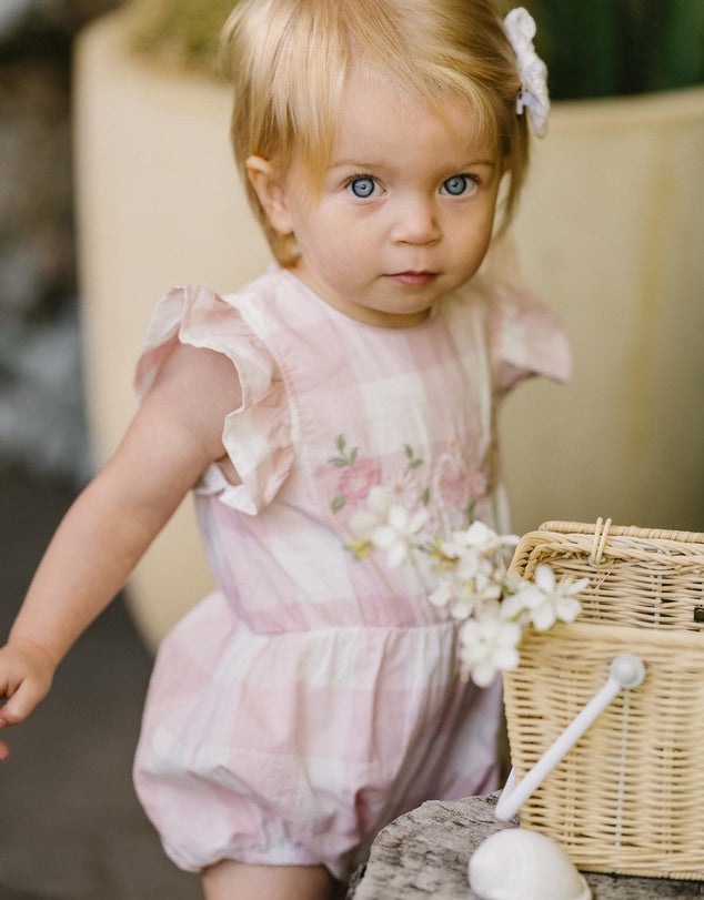 Bebe Lara Embroidered Check Romper Pink Check in Pink