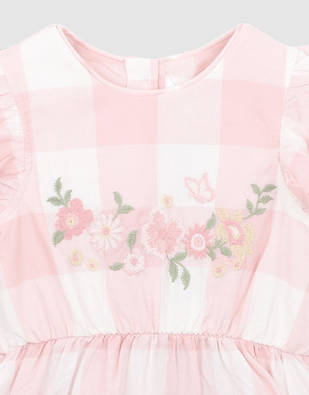 Bebe Lara Embroidered Check Romper Pink Check in Pink