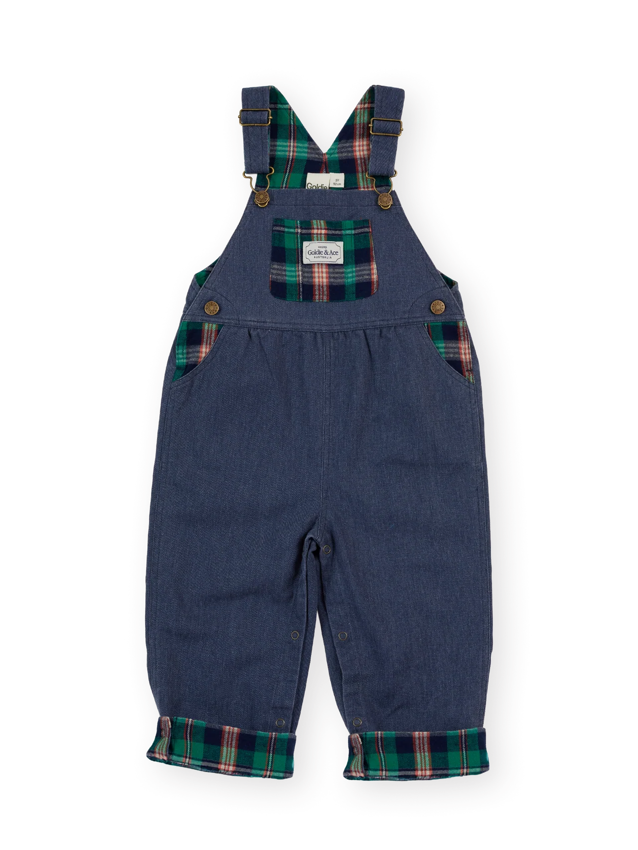 Goldie + Ace austin green check overalls