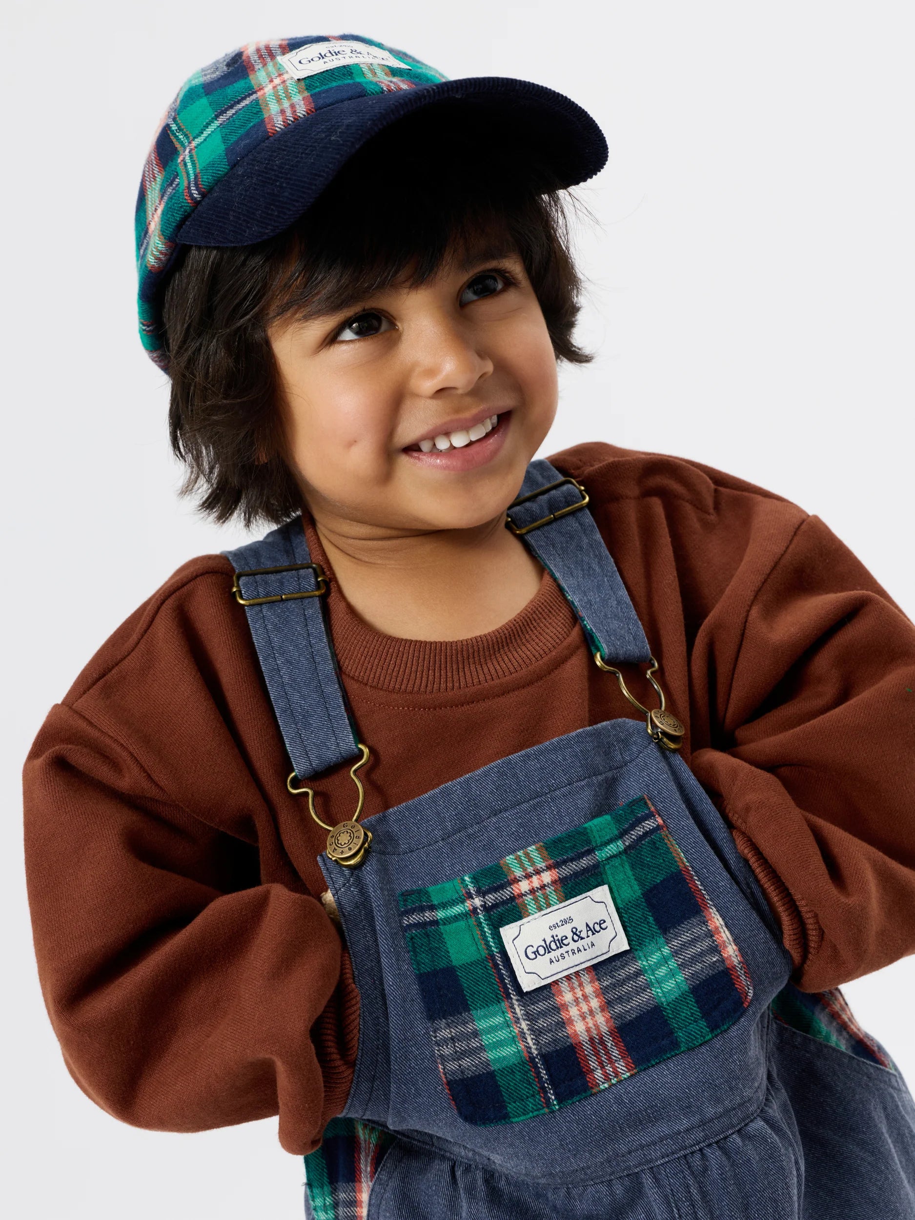 Goldie + Ace austin green check overalls