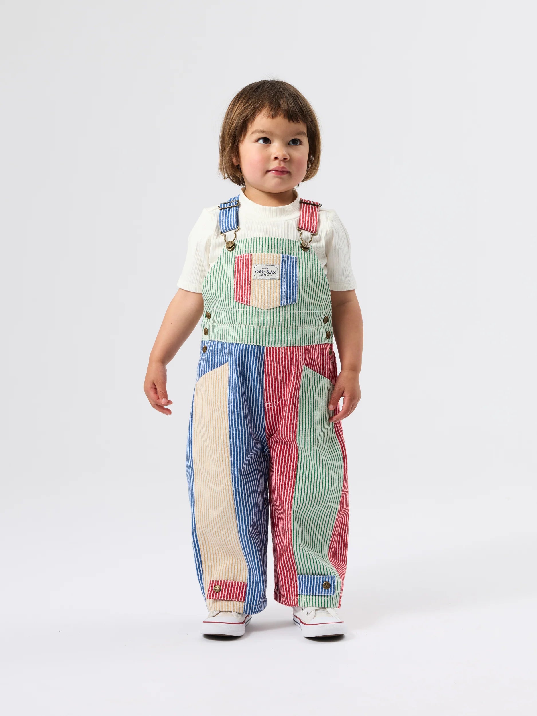 Goldie + Ace patchwork stripe Blake overalls