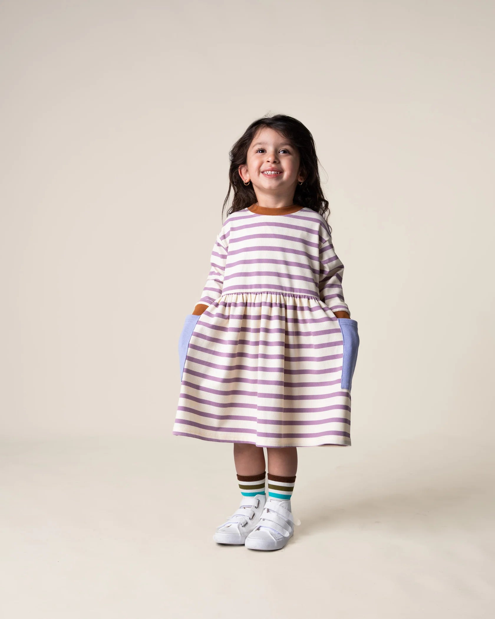 Das Ist Maurice Long Sleeve Bell Dress in Purple Stripes