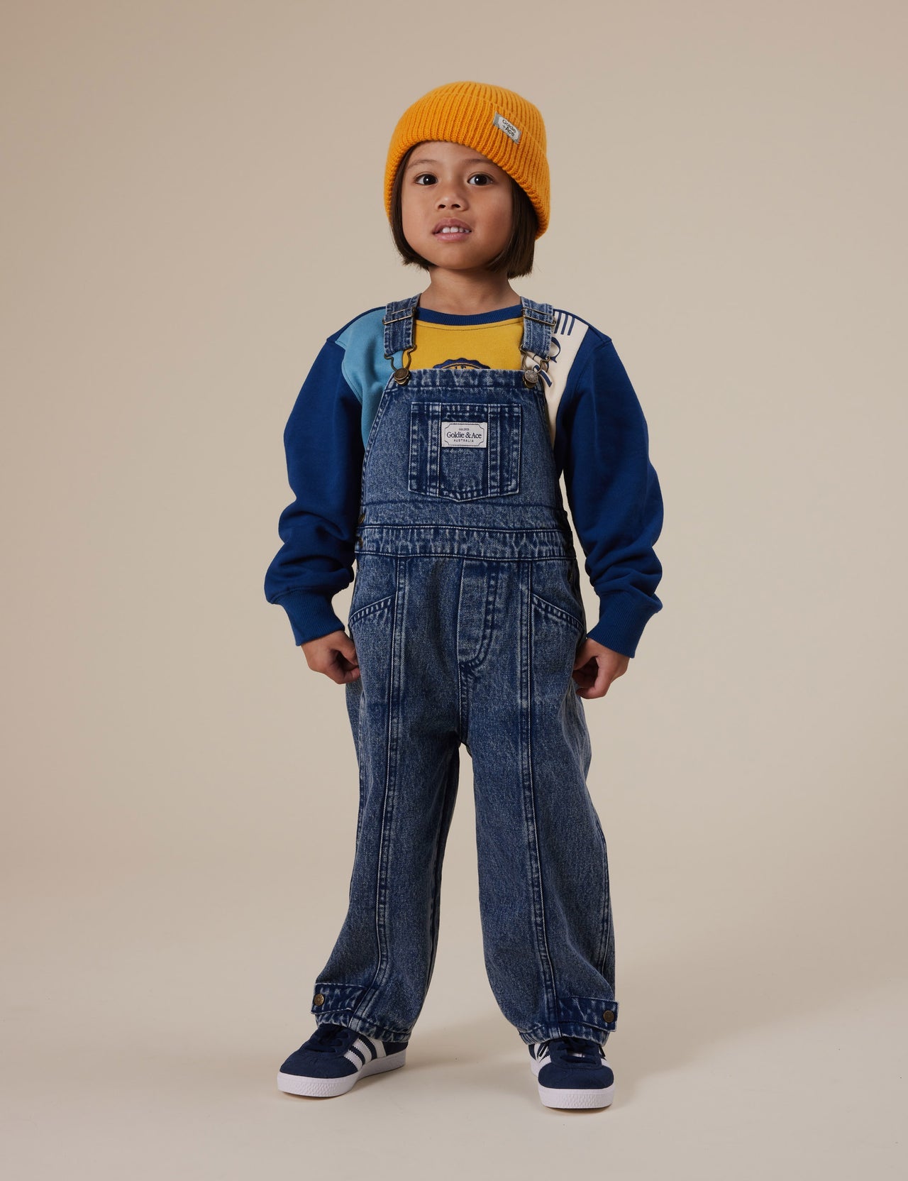 Goldie & Ace Austin Blake Vintage Washed Denim Overalls in Dark Denim