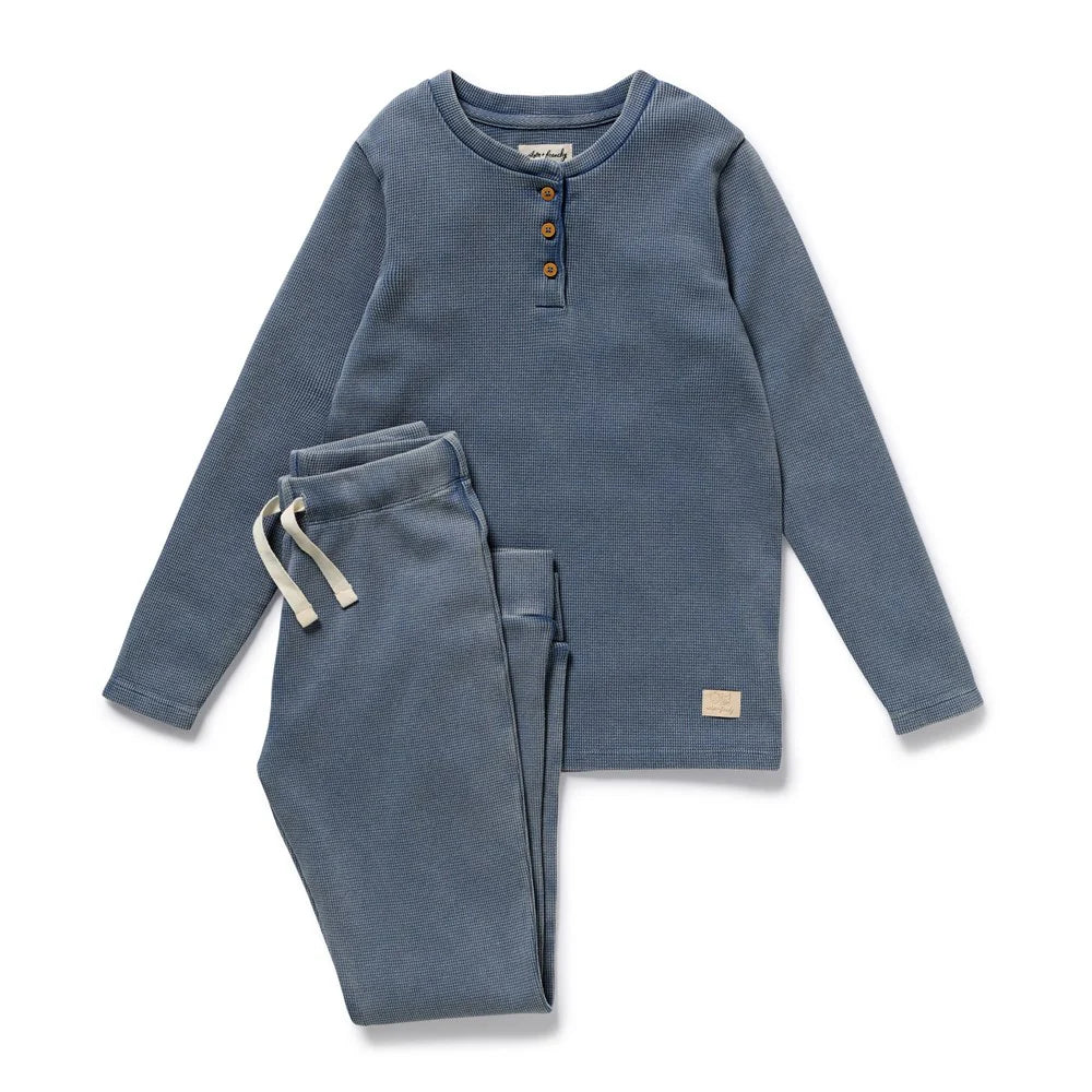 Wilson & Frenchy organic waffle henley pyjamas in twilight blue