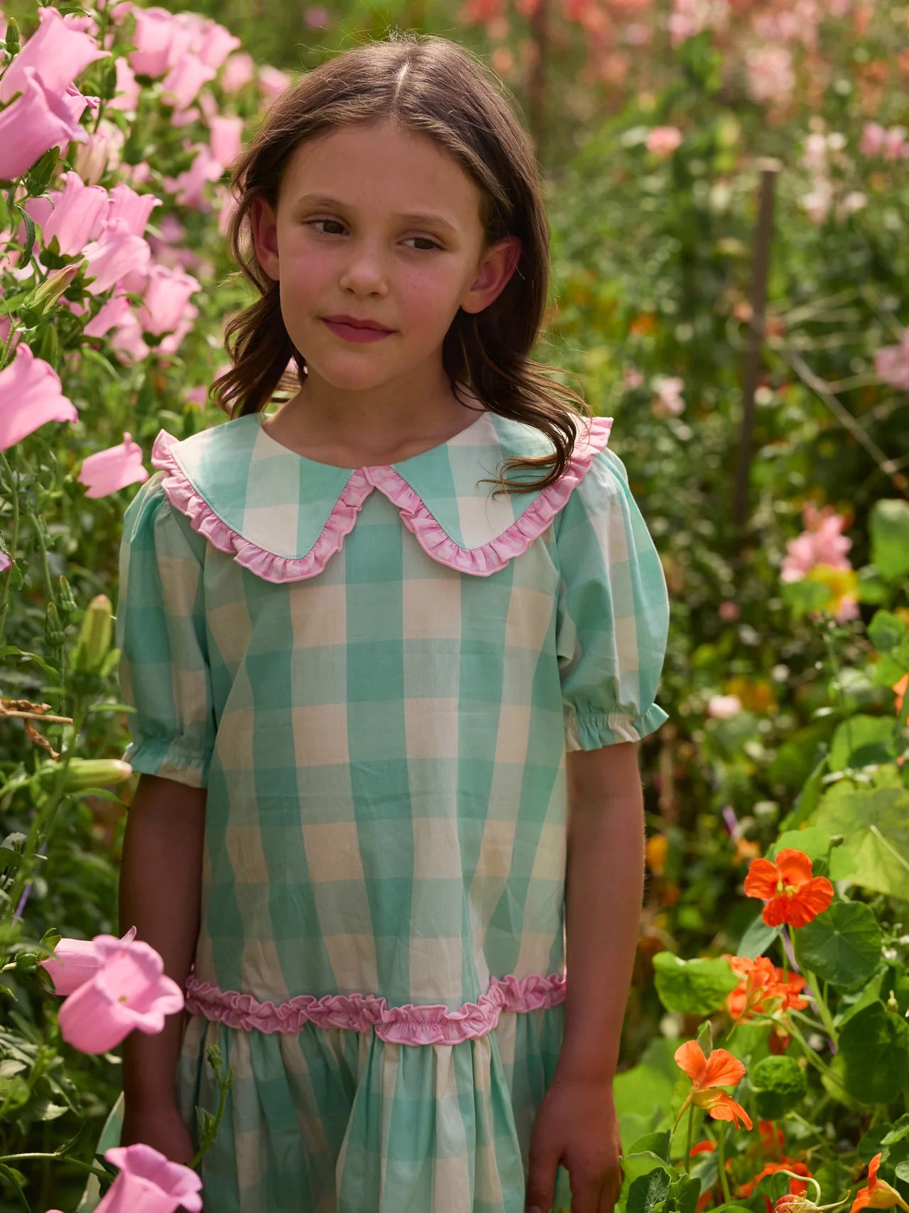 Goldie & Ace Gingham Collar Dress in Green and Pink