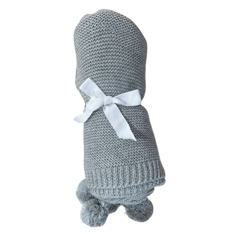 es kids knitted pom pom baby blanket grey 70x100cm