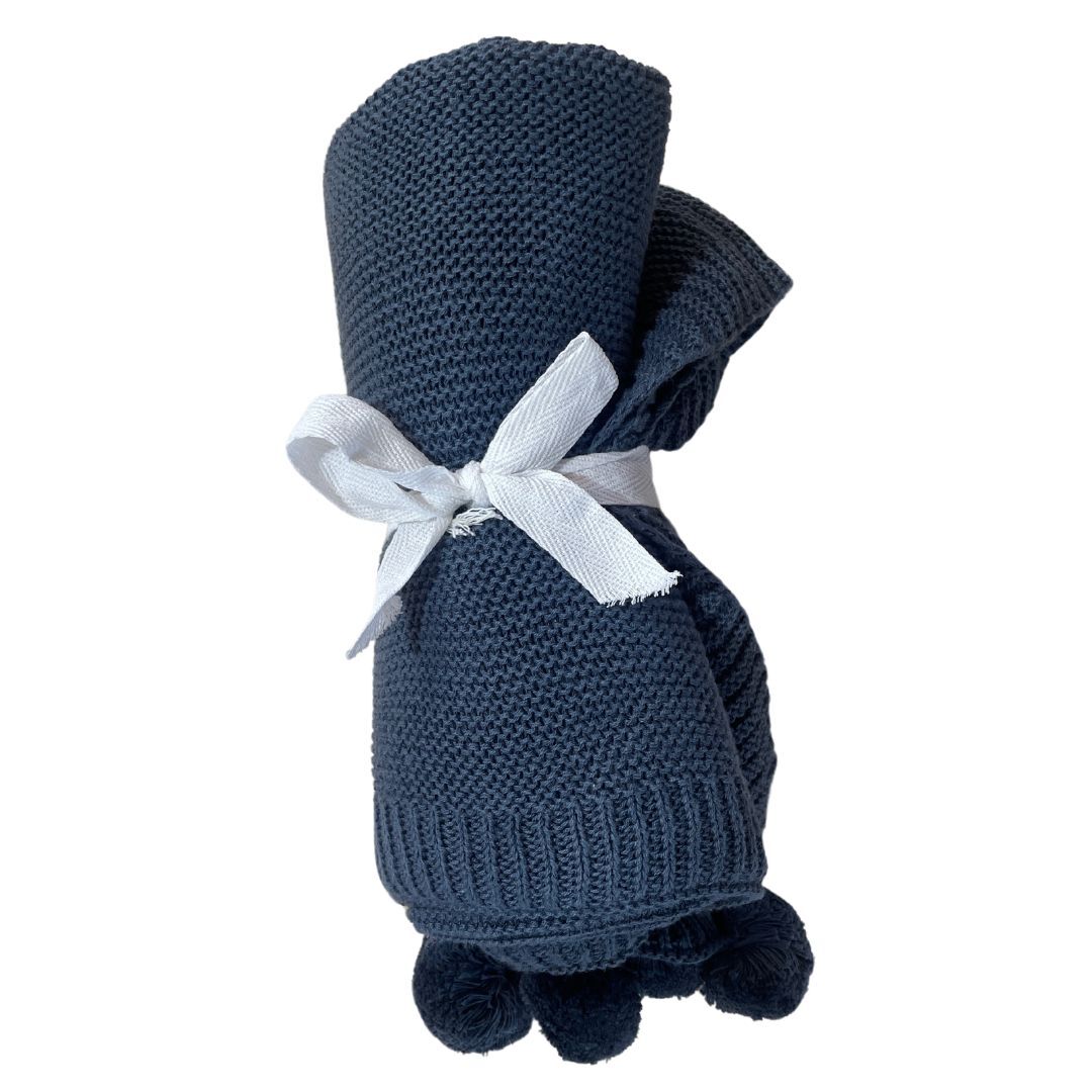 es kids knitted pom pom baby blanket navy blue 70x100cm