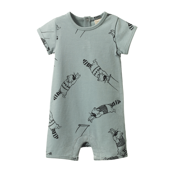 Nature Baby Short Sleeve Quincy Romper in Raccoon Rhapsody Print