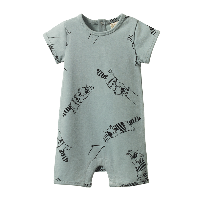 Nature Baby Short Sleeve Quincy Romper in Raccoon Rhapsody Print