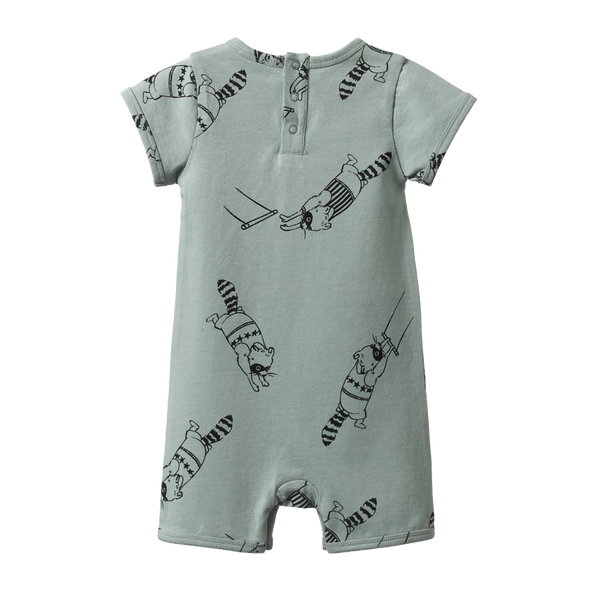 Nature Baby Short Sleeve Quincy Romper in Raccoon Rhapsody Print