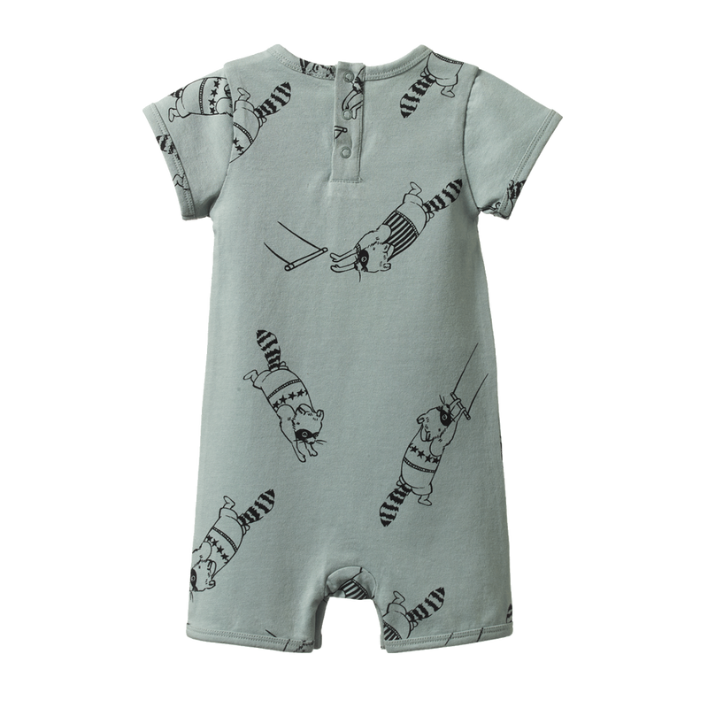 Nature Baby Short Sleeve Quincy Romper in Raccoon Rhapsody Print