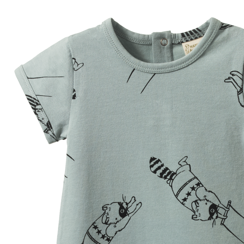 Nature Baby Short Sleeve Quincy Romper in Raccoon Rhapsody Print